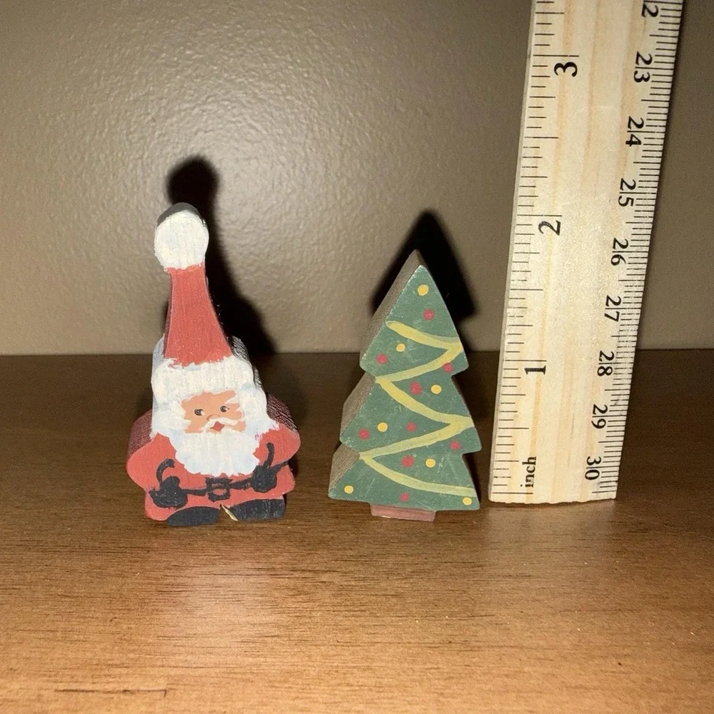 Vintage Santa Lot of 2 Folk Art Primitive Miniature Christmas Tree Wood Painted